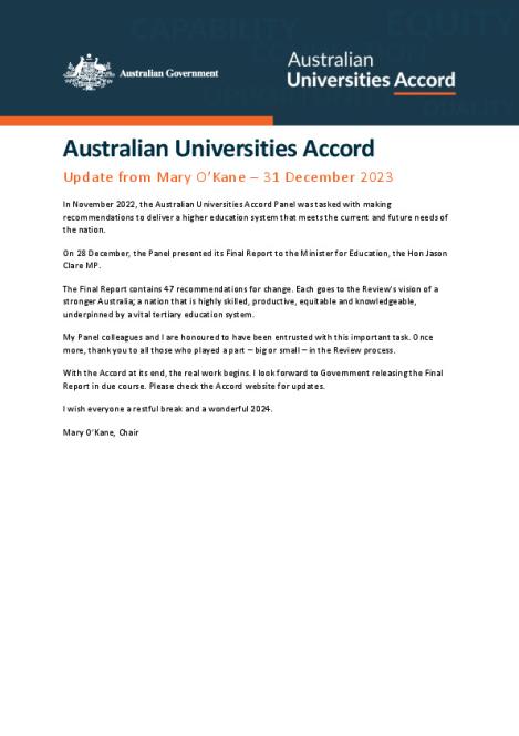 Australian Universities Accord Panel – Chair Update – 31 December 2023 ...